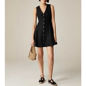 NWT J.Crew Petite Mini Button Front Dress 100% Linen Black Size 12 Petite Flawed